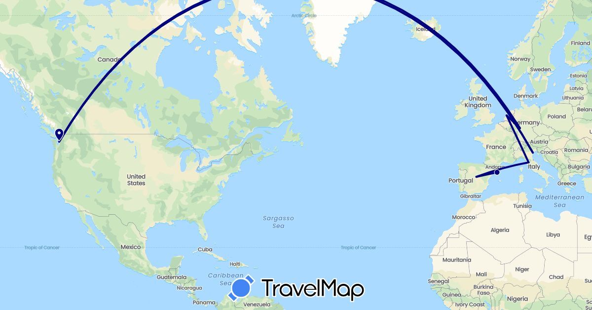 TravelMap itinerary: driving in Switzerland, Germany, Spain, Italy, Netherlands, United States (Europe, North America)